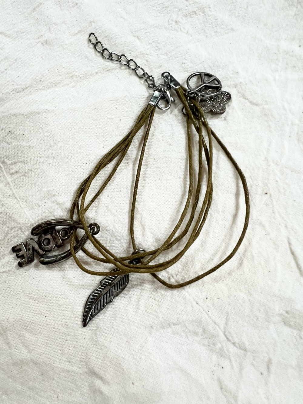 J. Crew Olive Green Multi-Strand Charm Bracelet with Silver-Tone Accents
